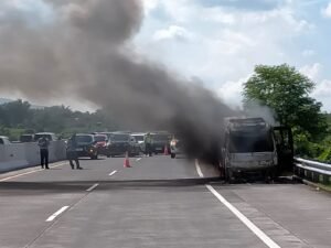 Sebuah Mobil Minibus Jenis Elf Terbakar di Ruas Tol Pandaan-Malang, Begini Kata Penumpang